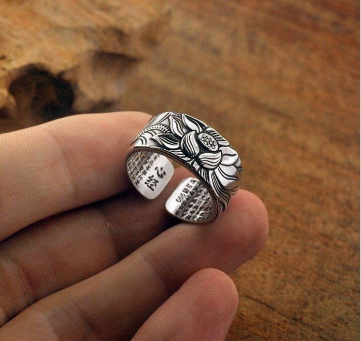 Thai Silver Black Lotus Heart Sutra Ring | Luxury Home Accessories | Heulog Glow