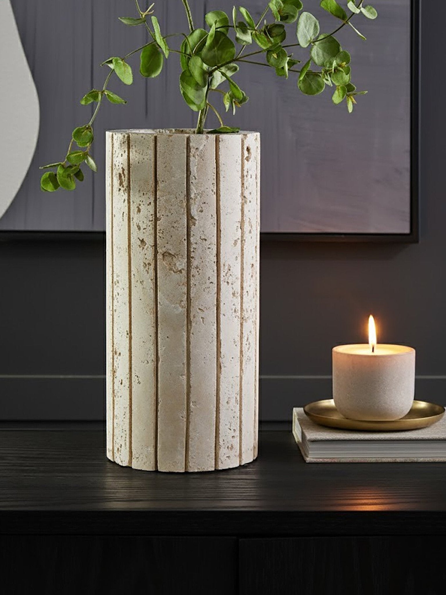 Tibor Travertine Ribbed Vase | Luxury Home Accessories | Heulog Glow