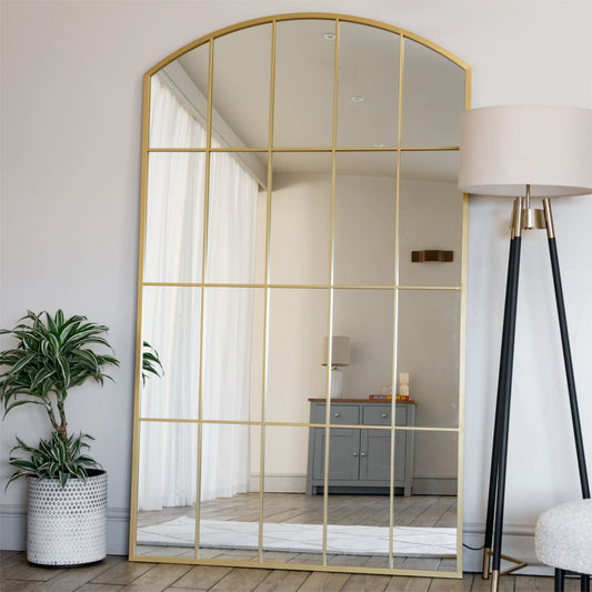 Tomi - Full Length Gold Metal Arched Lattice Window Mirror - 180cm x 105cm.