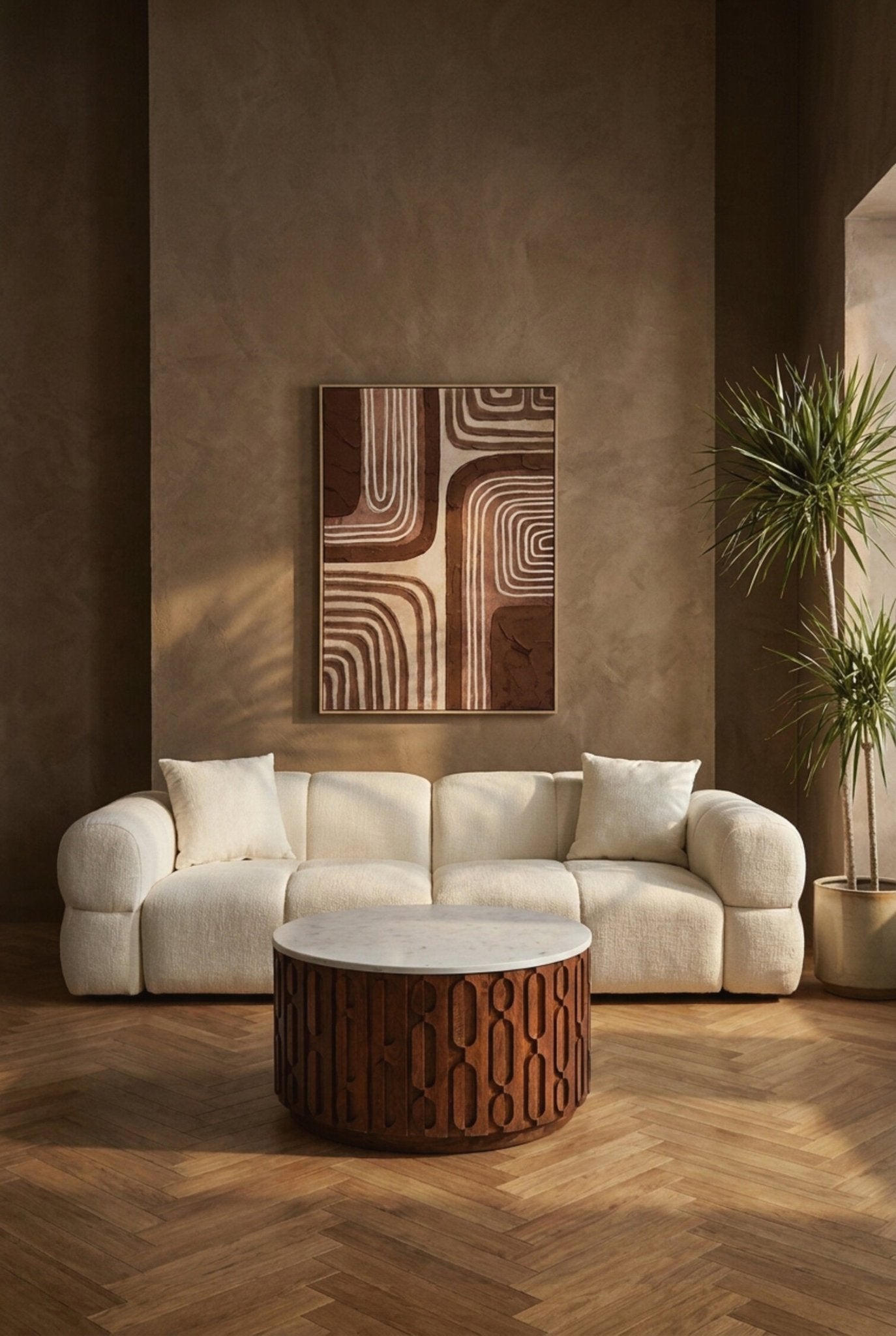 Torcino Marble and Carved Mango Wood Round Coffee Table | Luxury Home Accessories | Heulog Glow