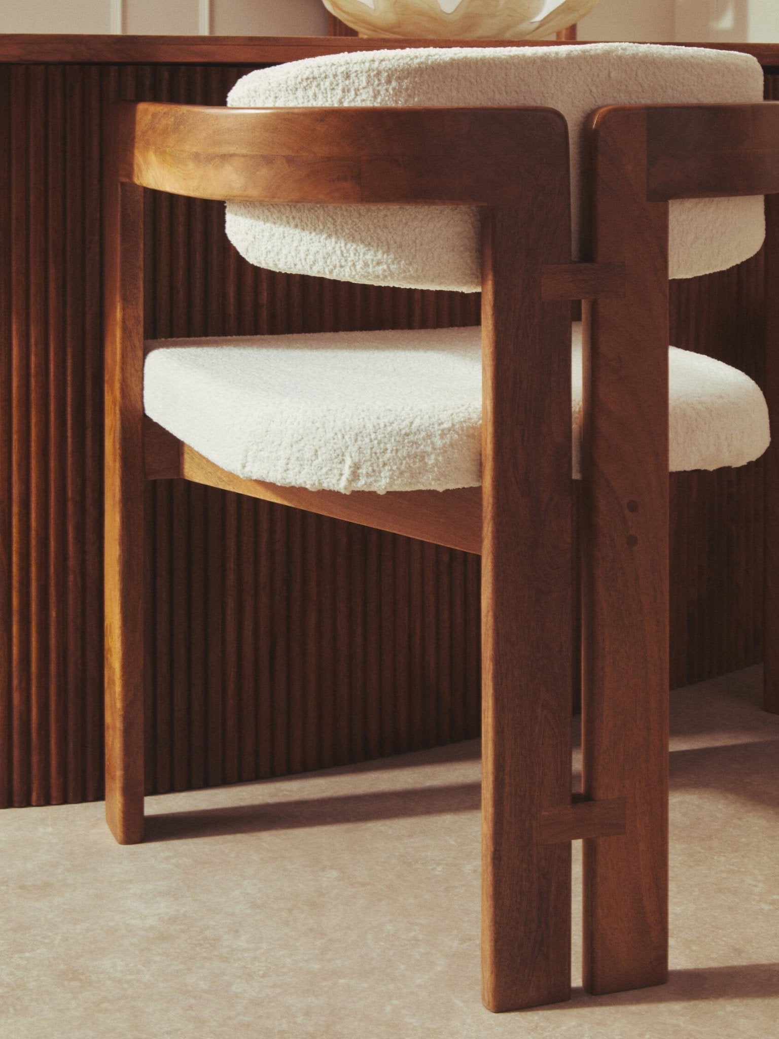 Torello Boucle Fabric and Mango Wood Dining Chair | Luxury Home Accessories | Heulog Glow