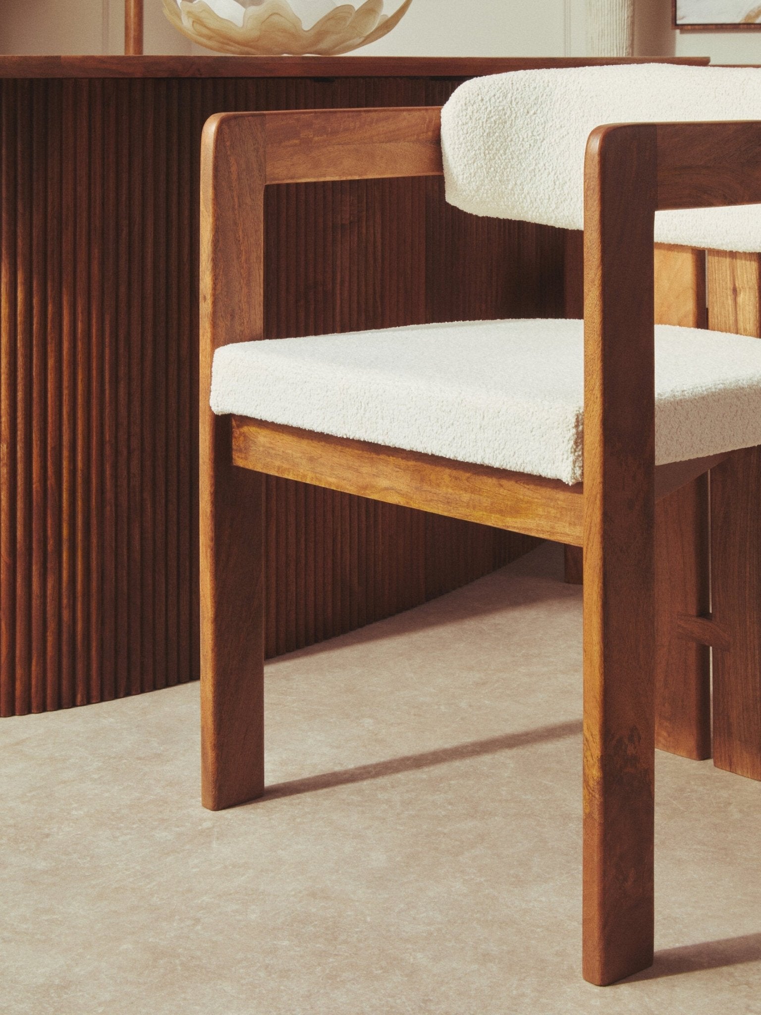 Torello Boucle Fabric and Mango Wood Dining Chair | Luxury Home Accessories | Heulog Glow