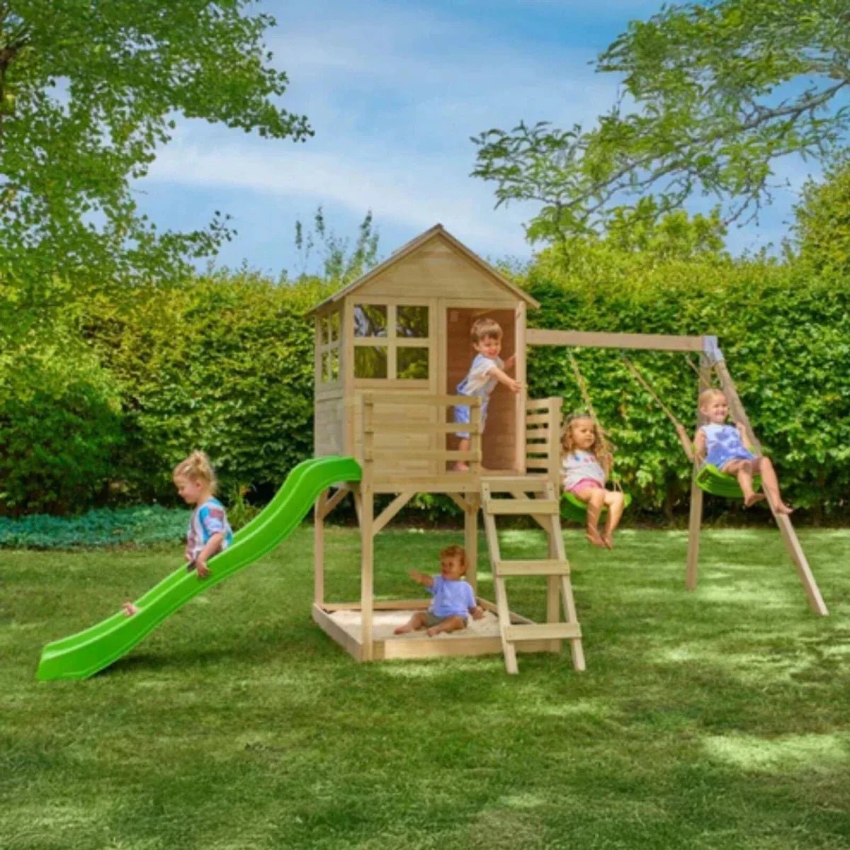 TP Buttercup Wooden Playhouse with Deck Slide & Double Swing Arm | Luxury Home Accessories | Heulog Glow