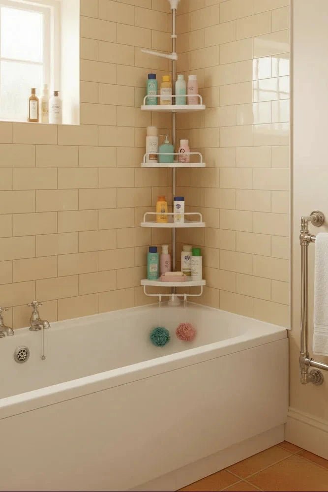 Triangle Telescopic Corner Shower Rack - 4-Tier Shower Storage Savings | Luxury Home Accessories | Heulog Glow