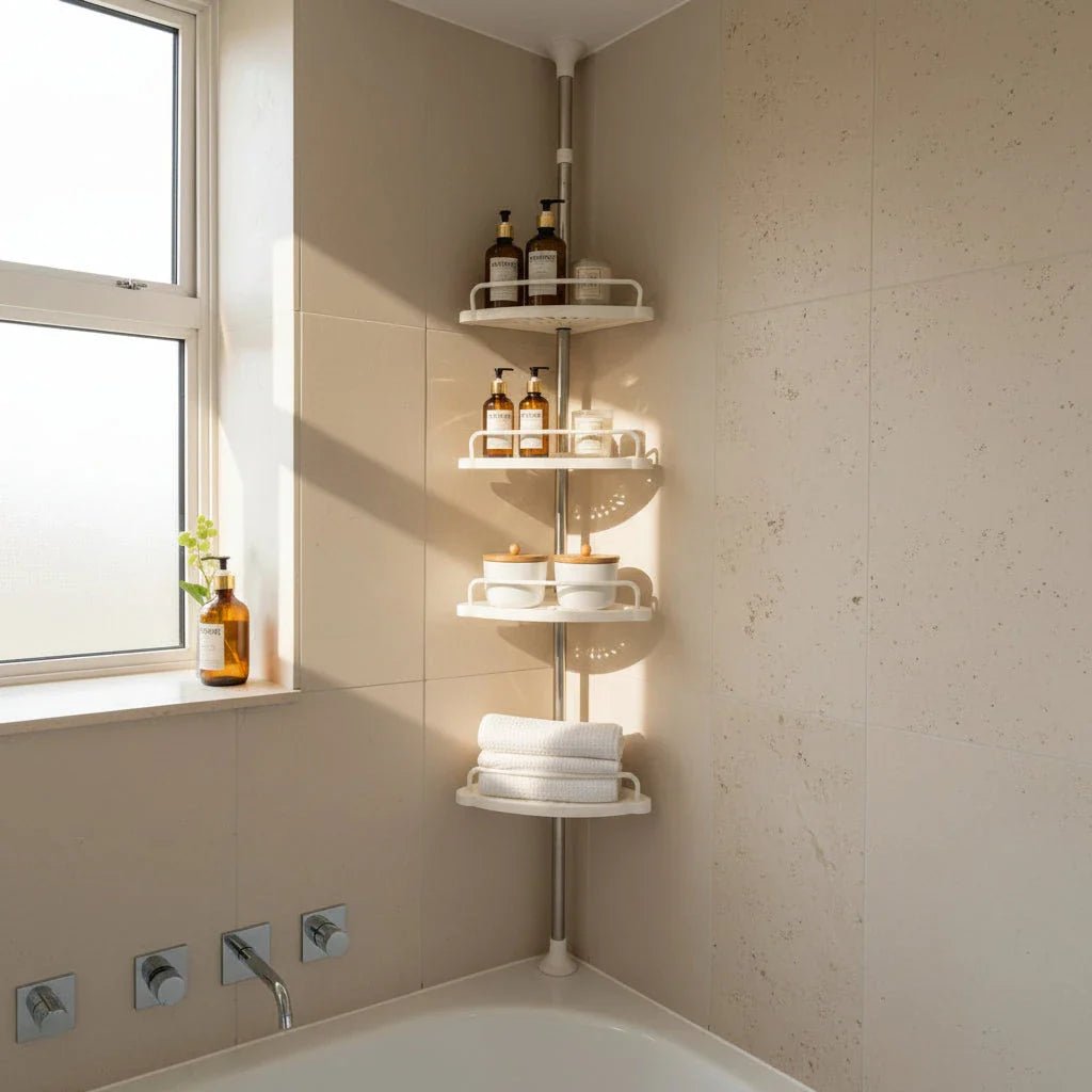Triangle Telescopic Corner Shower Rack - 4-Tier Shower Storage Savings | Luxury Home Accessories | Heulog Glow