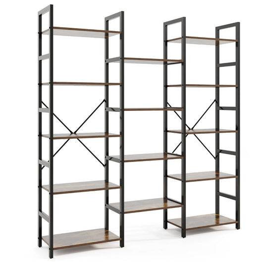 Triple Wide Heavy-duty Metal Frame Industrial Bookshelf with 14 Open Shelves-Brown