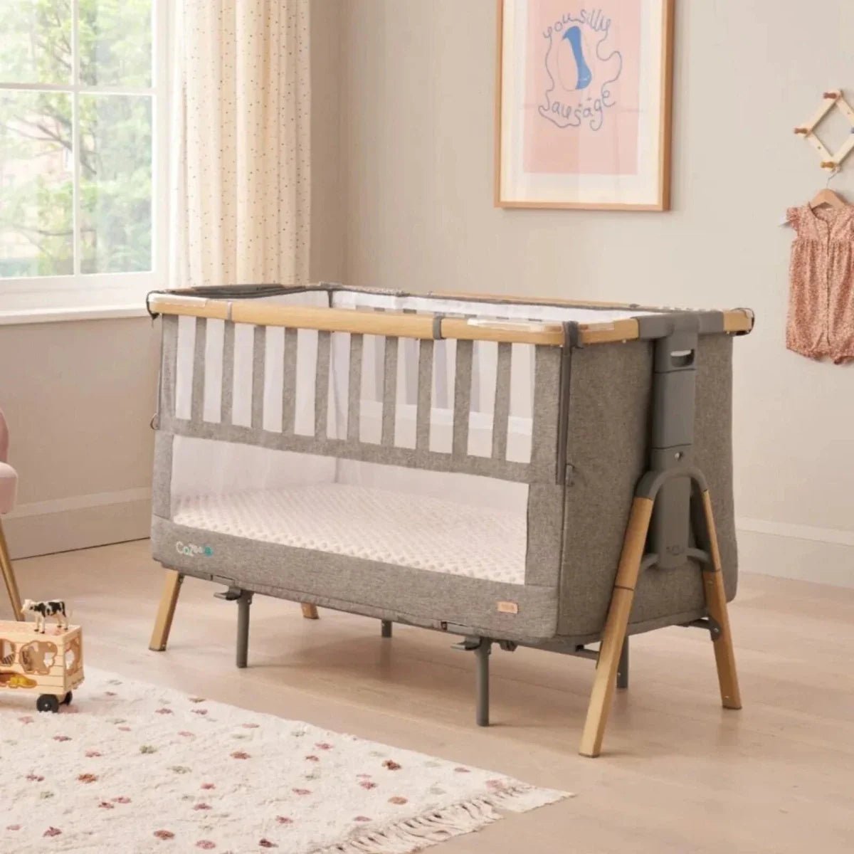Tutti Bambini Cozee XL Bedside Crib & Cot - Oak/Charcoal | Luxury Home Accessories | Heulog Glow
