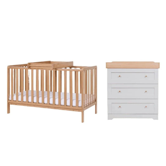 Tutti Bambini Malmo Cot Bed with Rio 2 pcs Furniture Set - Dove Grey/Honey Oak | Luxury Home Accessories | Heulog Glow