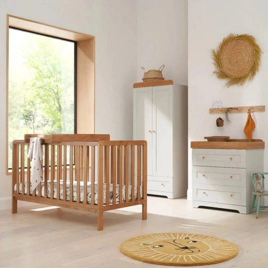 Tutti Bambini Malmo Cot Bed with Rio 3 pcs Furniture Set - Dove Grey/Honey Oak | Luxury Home Accessories | Heulog Glow