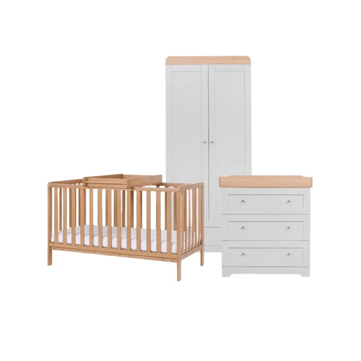 Tutti Bambini Malmo Cot Bed with Rio 3 pcs Furniture Set - Dove Grey/Honey Oak | Luxury Home Accessories | Heulog Glow