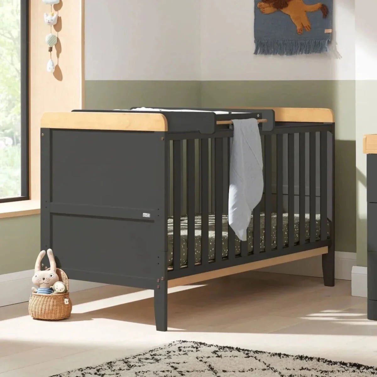 Tutti Bambini Rio Cot Bed with Cot Top Changer & Mattress - Slate/Honey Oak | Luxury Home Accessories | Heulog Glow