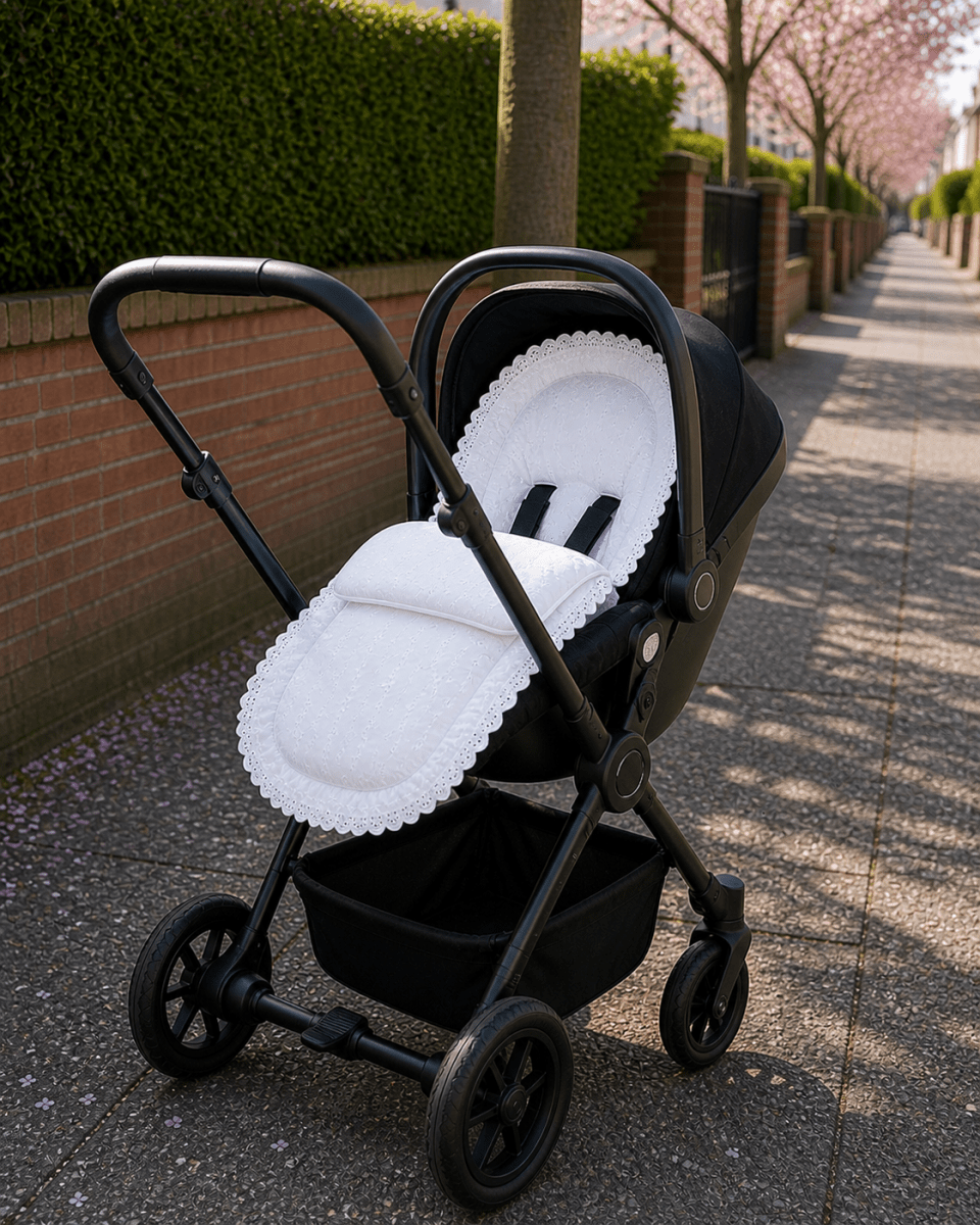 Universal Broderie Anglaise Car Seat Footmuff / Cosy Toes | Luxury Home Accessories | Heulog Glow