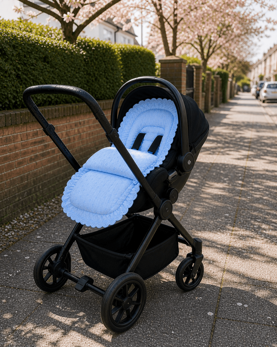 Universal Broderie Anglaise Car Seat Footmuff / Cosy Toes | Luxury Home Accessories | Heulog Glow