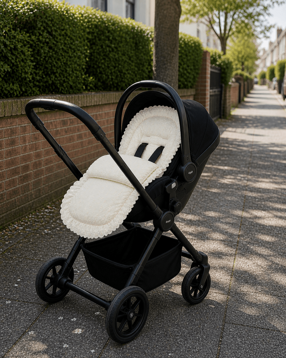 Universal Broderie Anglaise Car Seat Footmuff / Cosy Toes | Luxury Home Accessories | Heulog Glow