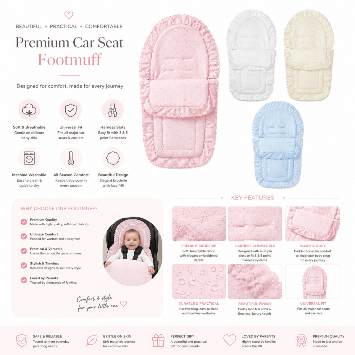 Universal Broderie Anglaise Car Seat Footmuff / Cosy Toes | Luxury Home Accessories | Heulog Glow