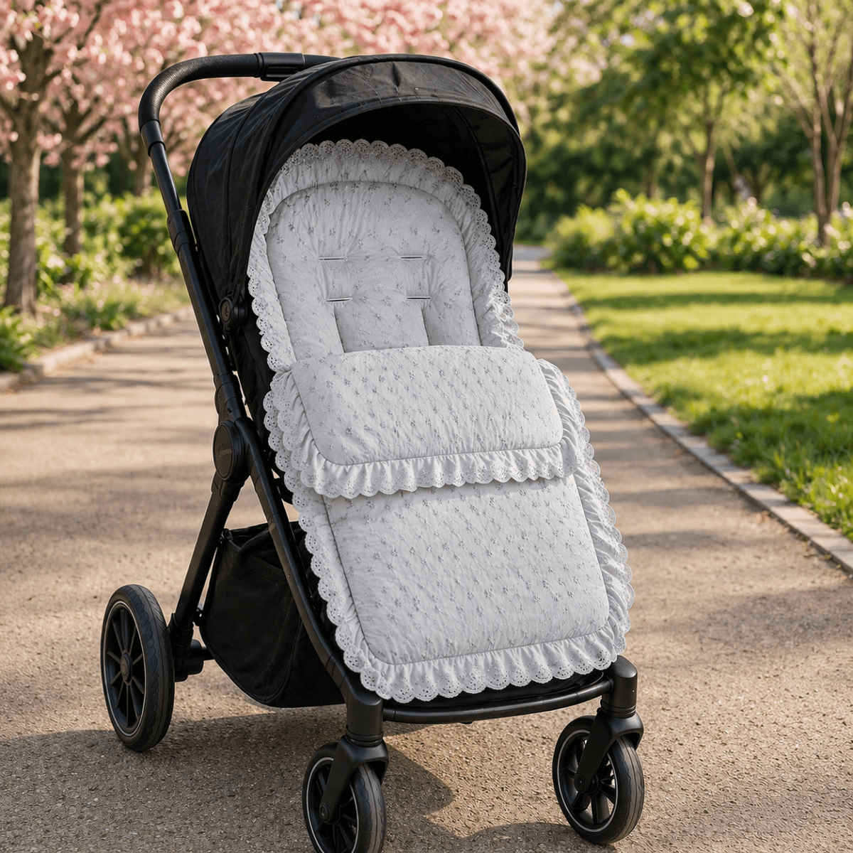 Universal Broderie Anglaise Pushchair Footmuff / Cosy Toes - Fits All Pushchairs / Prams And Buggies | Luxury Home Accessories | Heulog Glow