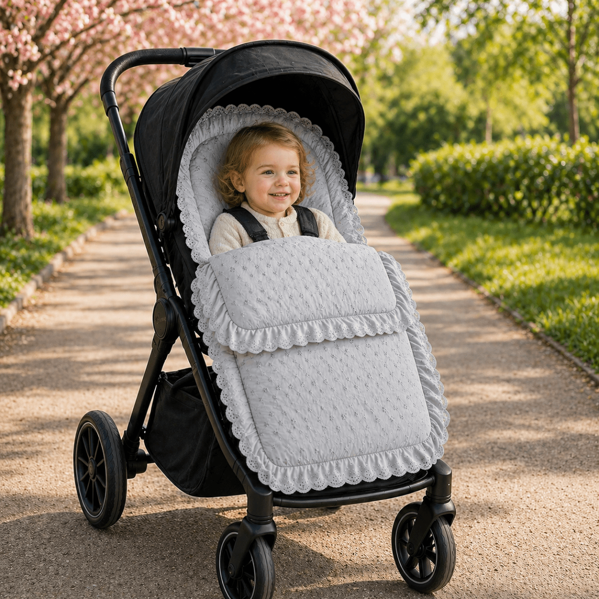 Universal Broderie Anglaise Pushchair Footmuff / Cosy Toes - Fits All Pushchairs / Prams And Buggies | Luxury Home Accessories | Heulog Glow