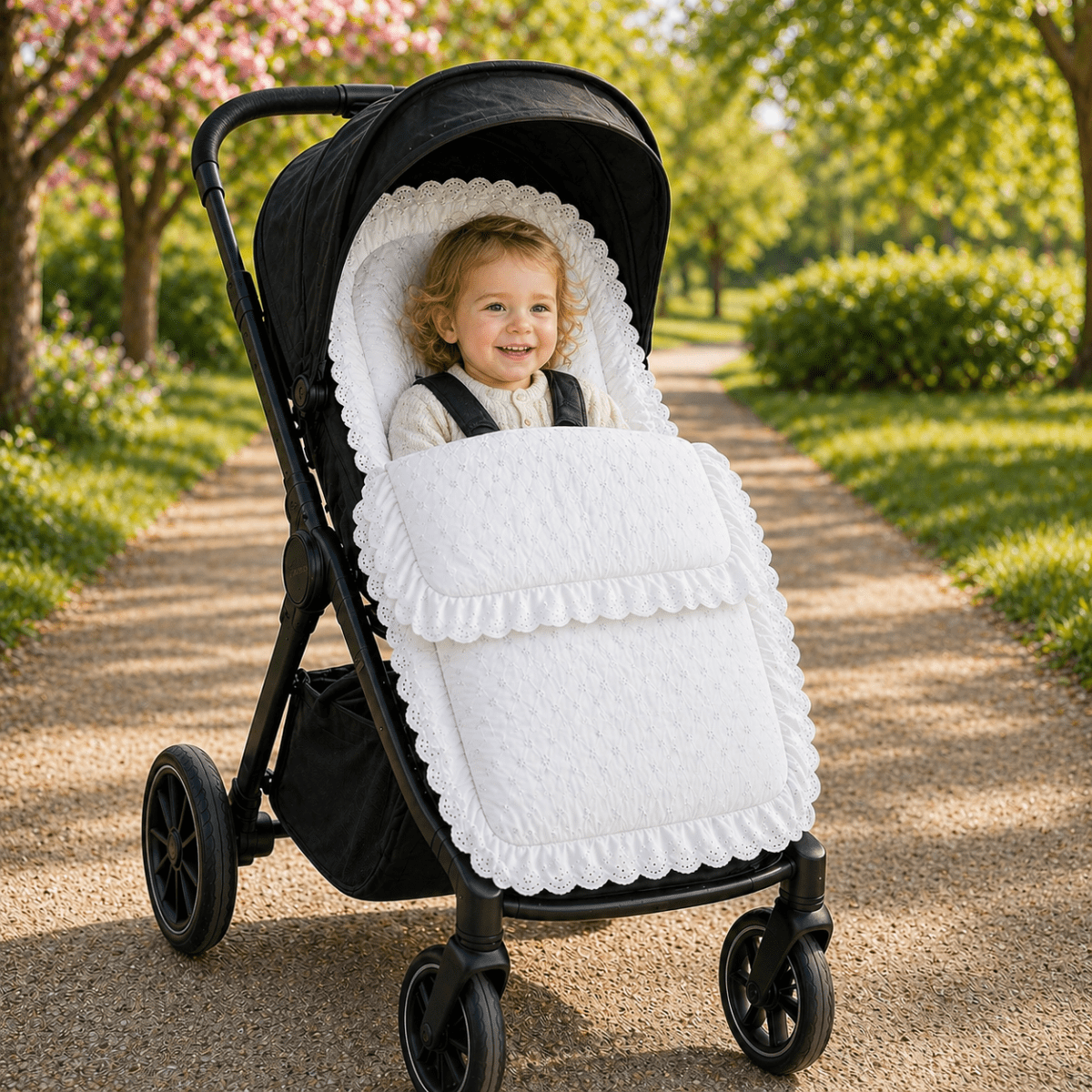 Universal Broderie Anglaise Pushchair Footmuff / Cosy Toes - Fits All Pushchairs / Prams And Buggies | Luxury Home Accessories | Heulog Glow