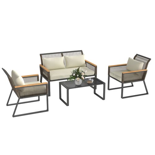 Outsunny 4 Seater Round Wicker Rope Garden Furniture Set with Cushions Grey