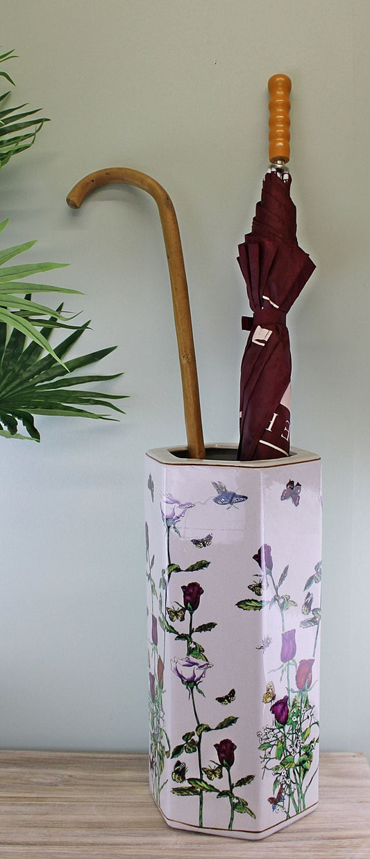 Ceramic Hexagonal Umbrella Stand - Butterfly Design - High Quality