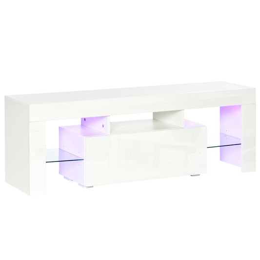 HOMCOM High Gloss TV Stand Cabinet with LED RGB Lights and Remote Control for 43"/50"/55" TV, Media TV Console Table with Storage Compartment, White