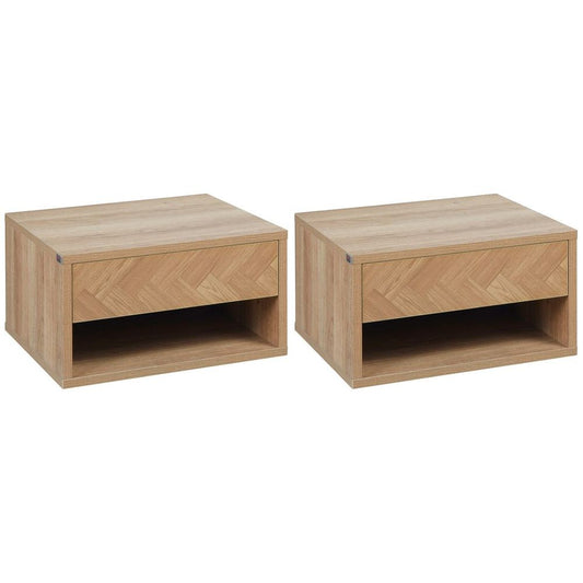HOMCOM Floating Bedside Table Set of 2 Wall Mounted Nightstand W/ Drawer Natural
