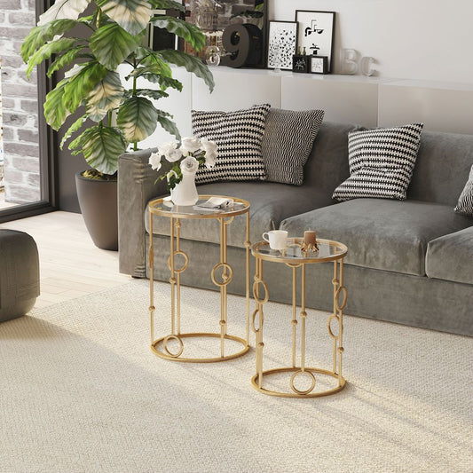 HOMCOM Round Coffee Tables Set of 2, Gold Nesting Side End Tables with Tempered Glass Top, Steel Frame for Living Room, Gold E