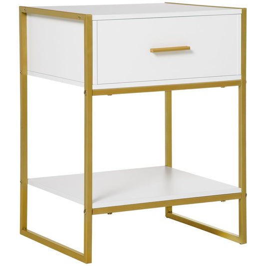 HOMCOM Modern Bedside Table, Nightstand with Drawer Shelf, Side Table for Living room, Bedroom White and Gold