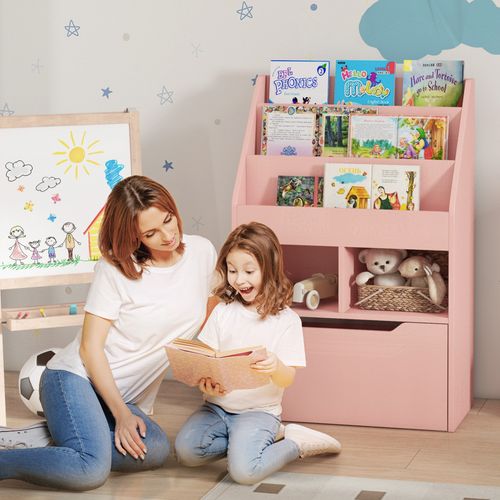 HOMCOM Kids Bookcase, Toy Box w/ Storage Drawer, Wheels for Bedroom - Pink