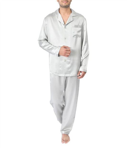 SILK PJS LONG SET MENS SMALL SILVER Pyjamas