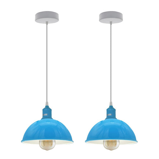 Sturdy Metal Dome Pendant Lights - 2 Pack, Blue Loft Style, Spray Painted Finish, Inner White, 21cm, E27 Bulb