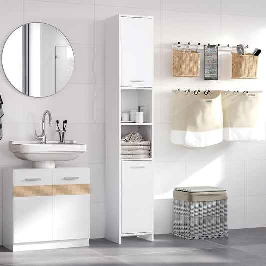 HOMCOM Bathroom Floor Storage Cabinet Slim Tallboy w/Door Cupboard & Shelves For Living Room, Bedroom, Hallway White