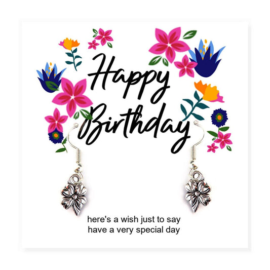 Stunning Happy Birthday Flower Earrings & Card - Perfect Gift!