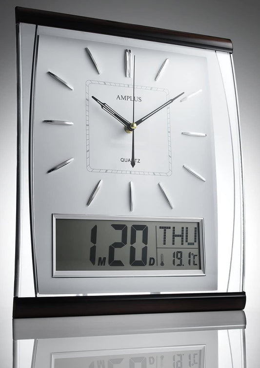 AMPLUS Silent Sweep Wall Clock | Large Digital Month/Date/Day Calendar | White | Premium Quality