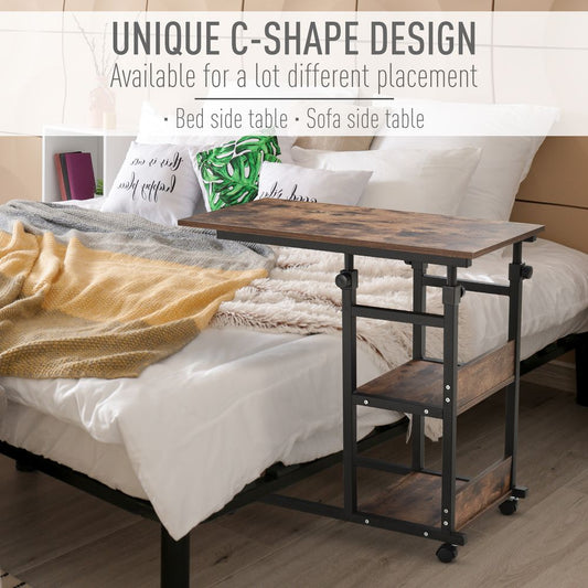 HOMCOM Industrial Mobile Sofa Side Table C-Shaped Rolling Couch Table with 3-Tier Storage Shelving Four Lockable Wheels Steel Frame - Brown