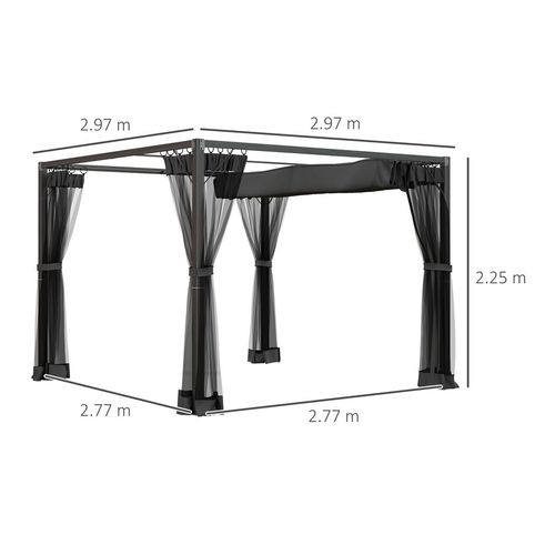 Outsunny 3 x 3 m Pergola with Retractable Roof and Netting, Dark Grey