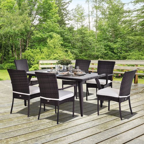 6-Seater Brown Rattan Garden Furniture Tempered Glass Table