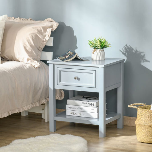 HOMCOM Bedside End Table Nightstand w/Drawer Open Shelf Table Top Metal Handle Classic Home Stylish Furniture Grey