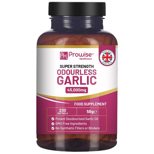 Odourless Garlic Capsules | 45,000mg per softgel | 200 softgels (not Tablets) Super High Strength | Cold Pressed and Deodourised Premium Garlic Oil Extract from Allium Sativum