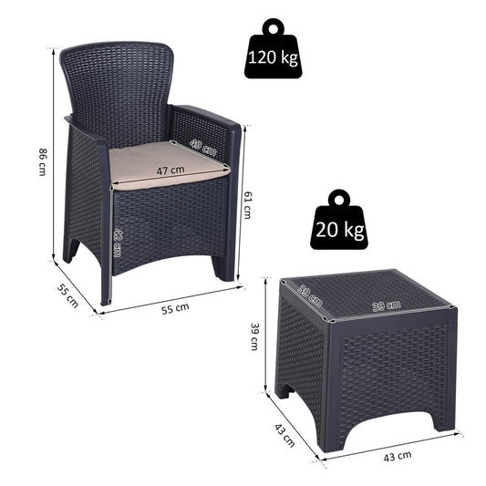 High Load Patio Coffee Set | 3-PCS Rattan Chair, Table & Cushion | Garden Gathering Furniture
