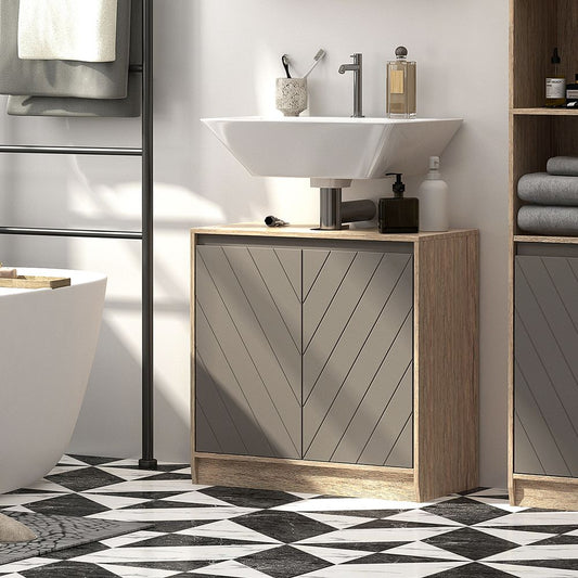 HOMCOM Under Sink Storage Cabinet Floor Standing Cupboard w/Adjustable Shelf Bathroom Cabinet 2 Doors Versatile Style Grey