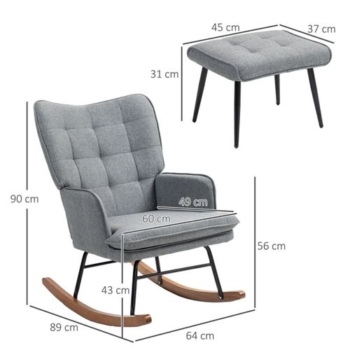 HOMCOM Rocking Chair and Ottoman Set, Fabric Armchair with Footstool, Wingback Chair for Living Room and Bedroom, Grey