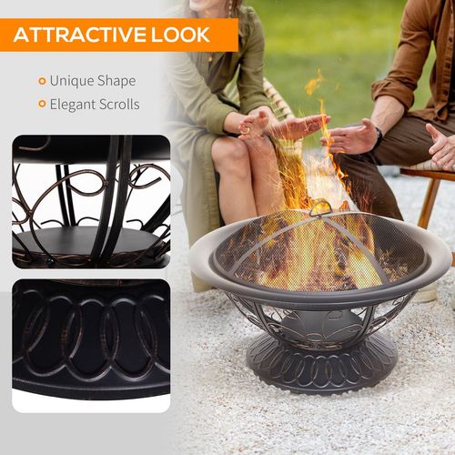 76cm Round Garden Firepit Patio Heater with Poker, Cover,Wood Log Grade