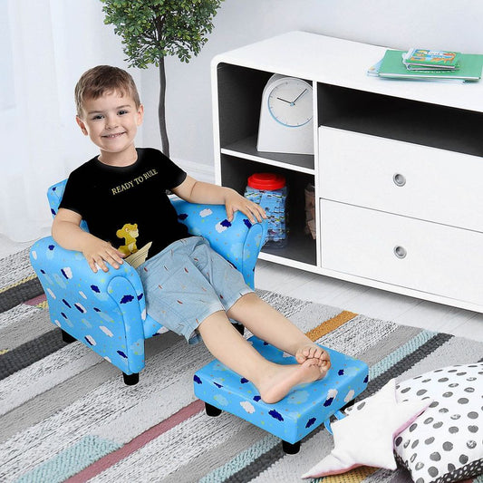 HOMCOM Cute Cloud Star Child Armchair Seat Wood Frame w/ Footrest Padding Blue