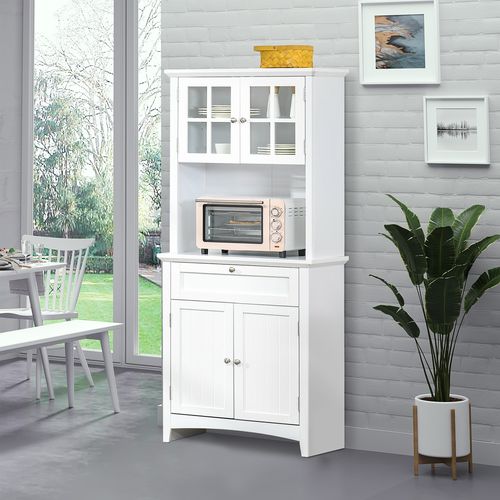 HOMCOM Kitchen Cupboard, Wooden Storage Cabinet with Framed Glass Door, Drawer, Microwave Space for Dining and Living Room, White