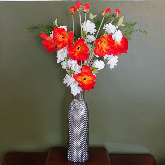100cm Poppy & White Blossom Arrangement with Glass Vase