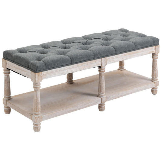 HOMCOM 2-Tier Bed End Bench, Vintage Stool, Wooden Window Seat with Storage Shelf, Button Tufted Upholstered Footstool for Living Room, Bedroom, Entryway, Grey