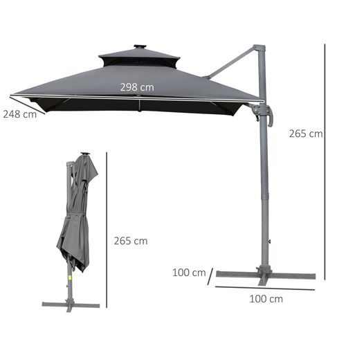 3m Cantilever Parasol LED Patio Umbrella for Lawn Beach Poolside Grey Outsunny