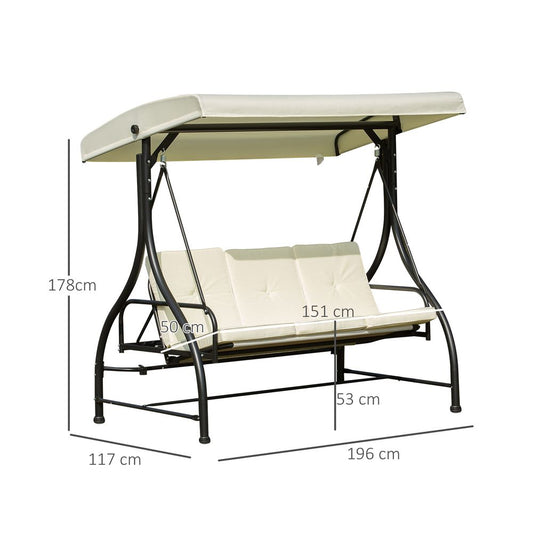 Outdoor Swing Chair - 185L*125D*173H cm - Beige/Black - Metal Frame - Canopy - Cushions - 3 Person Seating - High Load Capacity - Assembly Required