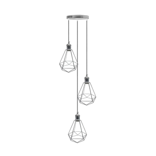 Vintage Industrial Chrome Ceiling Hanging Light - 3 Head Round Base - E27 Cage Shade